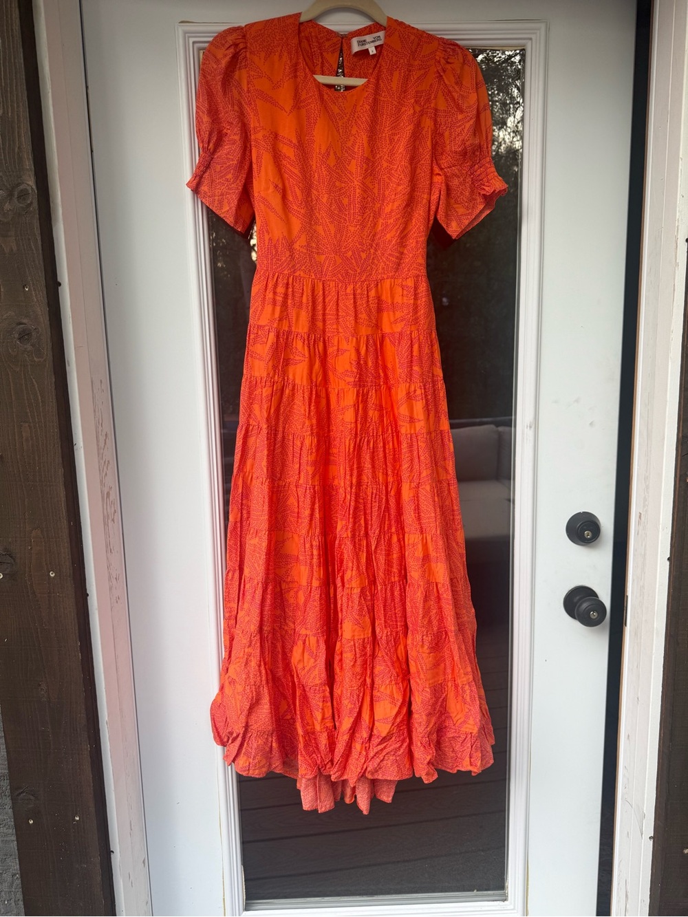 Diane Von Furstenberg Orange Puff Sleeve Midi Dress with tie back size 6 - Picture 6 of 12